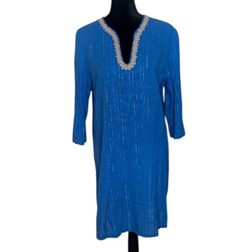 #459 (Lilly Pulitzer) “Esme” Lurex Crinkle Crepe Tunic Dress in Blue & Gold - XL - Picture 2 of 14